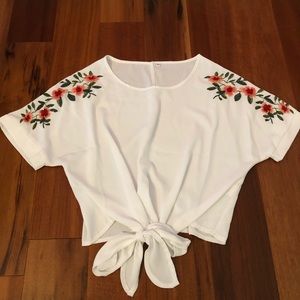 Embroidered tie front flower shirt
